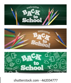 Set of three horizontal banners. Back to school. Vector illustration design