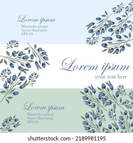 Set of three horizontal banners with beautiful watercolor blueberries.