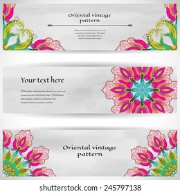 Set of three horizontal banners. Beautiful oriental fantastic flower. Watercolor background. Hand drawing. Place for your text.