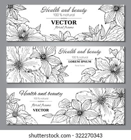 Set of three horizontal banners with beautiful clematis flowers in graphic style. Vector floral headers