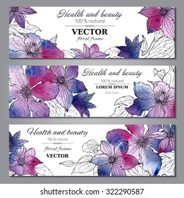 Set of three horizontal banners with beautiful clematis flowers and watercolor texture. Vector floral headers.

