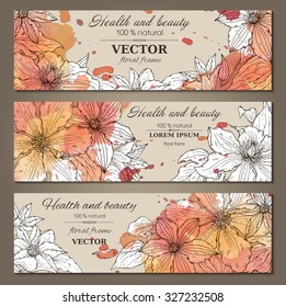Set of three horizontal banners with beautiful clematis flowers on watercolor background in vintage style.