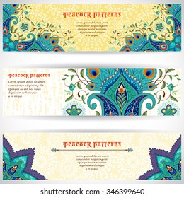 Set of three horizontal banners with beautiful oriental floral ornament and delicate backdrop. Paisley flowers with peacock feathers. Place for your text.