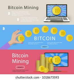 Set of three horizontal banners with bitcoins, computer, laptop, start button and place for text, vector illustration on white background. Set of three bitcoin, cryptocurrency banners for web-sites