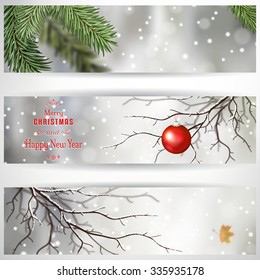 Set of three horizontal banners. Christmas tree, red ball and last leaf on the tree and snowfall. Place for your text. Christmas and New Year theme.