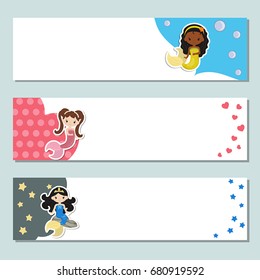 Set of three horizontal banners with cute girl mermaids.