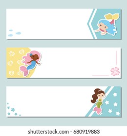 Set of three horizontal banners with cute girl mermaids.