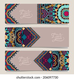 Set of three horizontal banners with decorative ornamental flowers, floral pattern in oriental style, paisley background, vector illustration