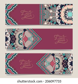 Set of three horizontal banners with decorative ornamental flowers, floral pattern in oriental style, paisley background, vector illustration
