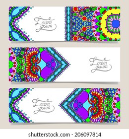 Set of three horizontal banners with decorative ornamental flowers, floral pattern in oriental style, paisley background, vector illustration
