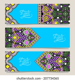 Set of three horizontal banners with decorative ornamental flowers, floral pattern in oriental style, paisley background, vector illustration