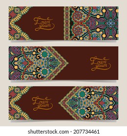 Set of three horizontal banners with decorative ornamental flowers, floral pattern in oriental style, paisley background, vector illustration