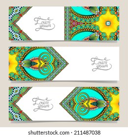 Set of three horizontal banners with decorative ornamental flowers, floral pattern in oriental style, paisley background, vector illustration