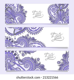 Set of three horizontal banners with decorative ornamental flowers, floral pattern in oriental style, paisley background, vector illustration