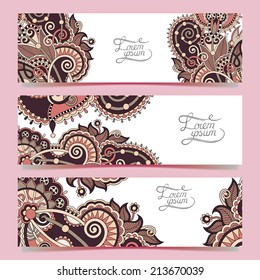 Set of three horizontal banners with decorative ornamental flowers, floral pattern in oriental style, paisley background, vector illustration