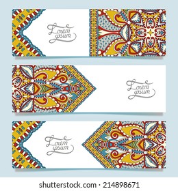 Set of three horizontal banners with decorative ornamental flowers, floral pattern in oriental style, paisley background, vector illustration