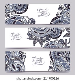 Set of three horizontal banners with decorative ornamental flowers, floral pattern in oriental style, paisley background, vector illustration