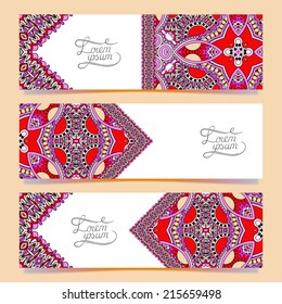 Set of three horizontal banners with decorative ornamental flowers, floral pattern in oriental style, paisley background, vector illustration