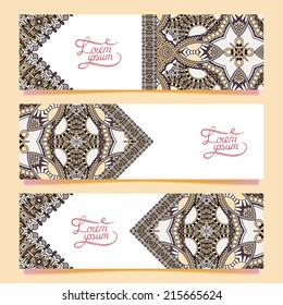 Set of three horizontal banners with decorative ornamental flowers, floral pattern in oriental style, paisley background, vector illustration