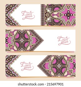 Set of three horizontal banners with decorative ornamental flowers, floral pattern in oriental style, paisley background, vector illustration