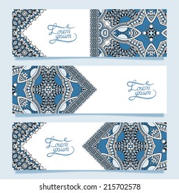 Set of three horizontal banners with decorative ornamental flowers, floral pattern in oriental style, paisley background, vector illustration