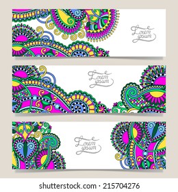 Set of three horizontal banners with decorative ornamental flowers, floral pattern in oriental style, paisley background, vector illustration