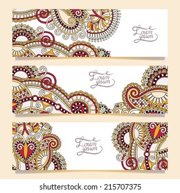 Set of three horizontal banners with decorative ornamental flowers, floral pattern in oriental style, paisley background, vector illustration