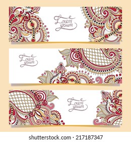 Set of three horizontal banners with decorative ornamental flowers, floral pattern in oriental style, paisley background, vector illustration