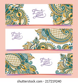 Set of three horizontal banners with decorative ornamental flowers, floral pattern in oriental style, paisley background, vector illustration