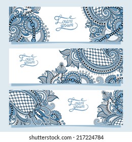 Set of three horizontal banners with decorative ornamental flowers, floral pattern in oriental style, paisley background, vector illustration