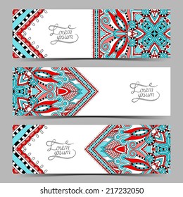 Set of three horizontal banners with decorative ornamental flowers, floral pattern in oriental style, paisley background, vector illustration