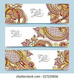 Set of three horizontal banners with decorative ornamental flowers, floral pattern in oriental style, paisley background, vector illustration
