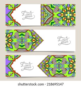 Set of three horizontal banners with decorative ornamental flowers, floral pattern in oriental style, paisley background, vector illustration