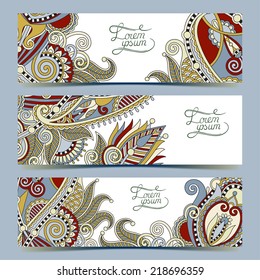 Set of three horizontal banners with decorative ornamental flowers, floral pattern in oriental style, paisley background, vector illustration