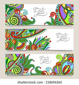 Set of three horizontal banners with decorative ornamental flowers, floral pattern in oriental style, paisley background, vector illustration