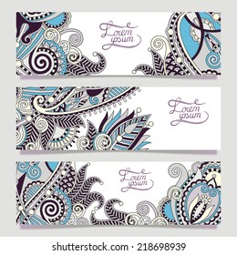 Set of three horizontal banners with decorative ornamental flowers, floral pattern in oriental style, paisley background, vector illustration