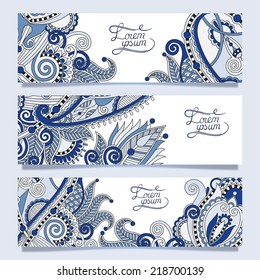 Set of three horizontal banners with decorative ornamental flowers, floral pattern in oriental style, paisley background, vector illustration