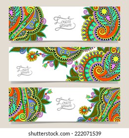Set of three horizontal banners with decorative ornamental flowers, floral pattern in oriental style, paisley background, vector illustration