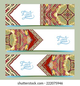 Set of three horizontal banners with decorative ornamental flowers, floral pattern in oriental style, paisley background, vector illustration
