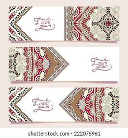 Set of three horizontal banners with decorative ornamental flowers, floral pattern in oriental style, paisley background, vector illustration