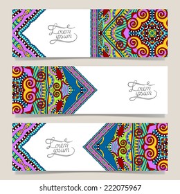 Set of three horizontal banners with decorative ornamental flowers, floral pattern in oriental style, paisley background, vector illustration