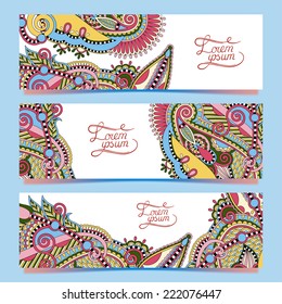 Set of three horizontal banners with decorative ornamental flowers, floral pattern in oriental style, paisley background, vector illustration