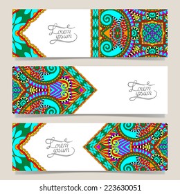 Set of three horizontal banners with decorative ornamental flowers, floral pattern in oriental style, paisley background, vector illustration