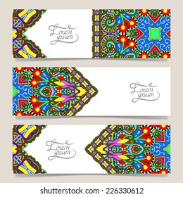 Set of three horizontal banners with decorative ornamental flowers, floral pattern in oriental style, paisley background, vector illustration