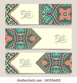 Set of three horizontal banners with decorative ornamental flowers, floral pattern in oriental style, paisley background, vector illustration