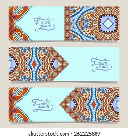 Set of three horizontal banners with decorative ornamental flowers, floral pattern in oriental style, paisley background, vector illustration in blue color