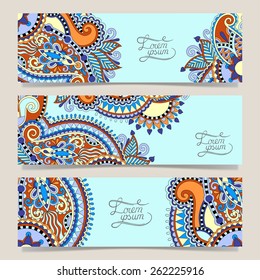 Set of three horizontal banners with decorative ornamental flowers, floral pattern in oriental style, paisley background, vector illustration in blue color