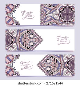 Set of three horizontal banners with decorative ornamental flowers, floral pattern in oriental style, paisley background, vector illustration