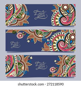 Set of three horizontal banners with decorative ornamental flowers, floral pattern in oriental style, paisley background, vector illustration on dirty dark blue