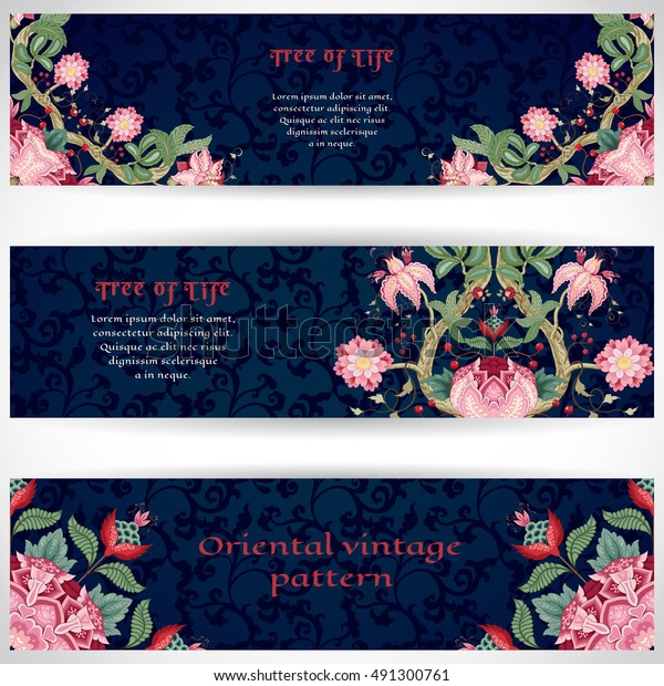 Set of\
three horizontal banners. Fantastic flower with leaves. Dark\
background. Motives of the paintings of vintage Indian fabrics.\
Tree of Life collection. Place for your\
text.